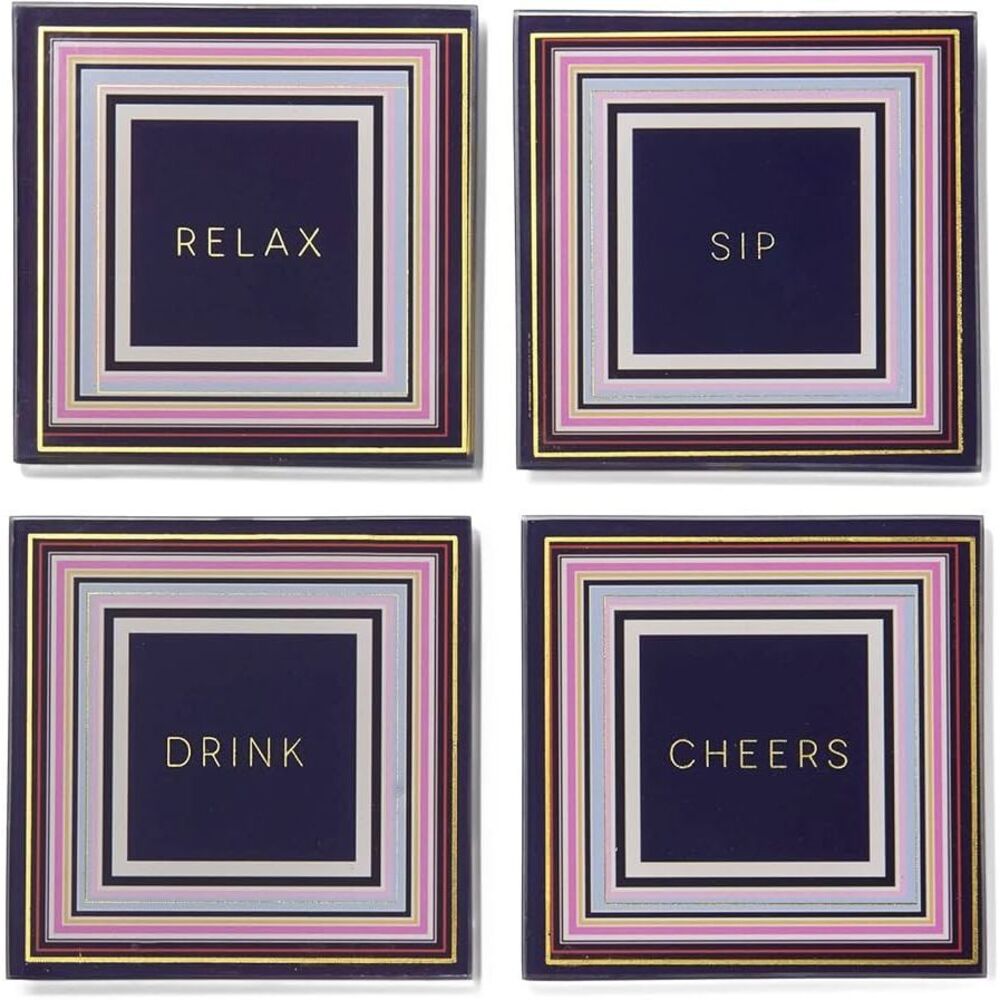Trina Turk Glass Coasters Set 4 Gold White Bar Cart Decor Hostess Gift NWT